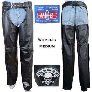 MOB Motorcycle Biker Horse Riding Chaps Black Leather Womens Medium Mid Rise